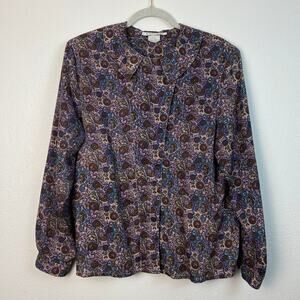 Vintage Ship 'N Shore Paisley Print Blouse Flat Collar Purple Brown Women Sz 16